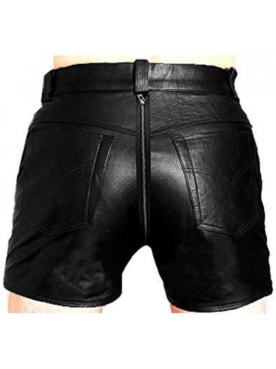 Mens Sexy Real Black Leather Rear Zip Shorts