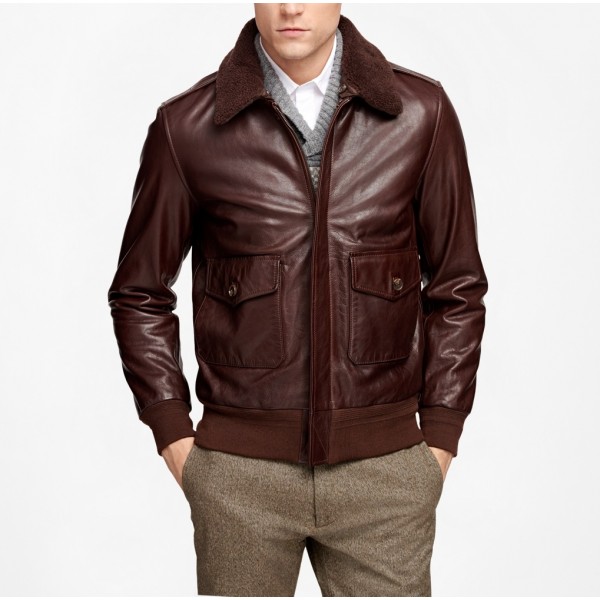 Mens Removable Fur Collar Genuine Brown Leather Bomber Jacket