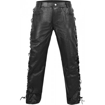 Mens Side Laces Thick Black Genuine Leather Motorcycle Pants