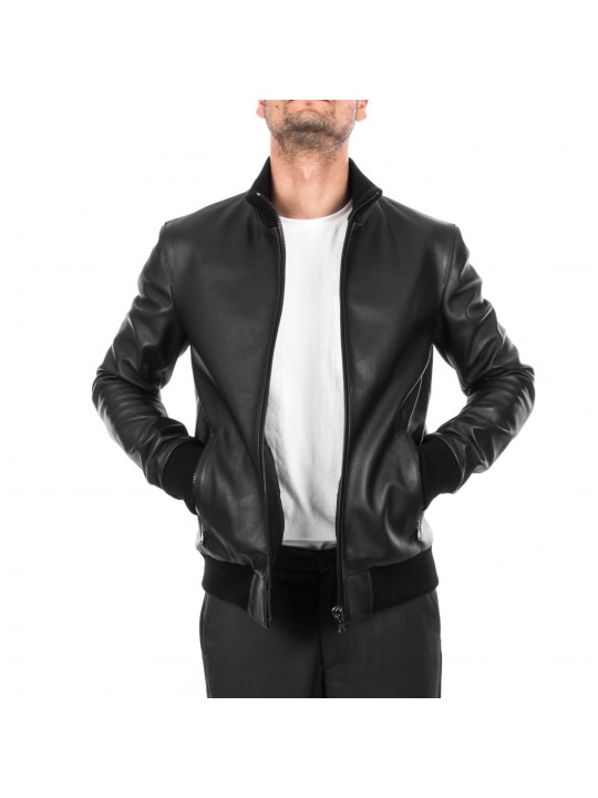 Mens Slim Fit Genuine Black Leather Bomber Jacket