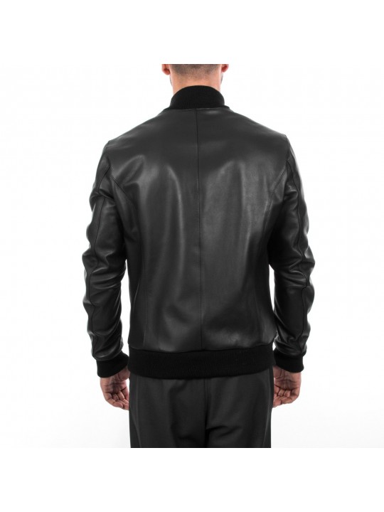 Mens Slim Fit Genuine Black Leather Bomber Jacket