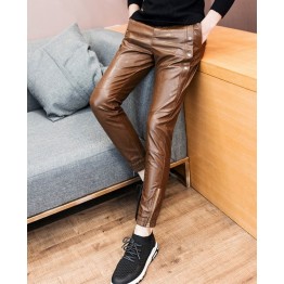 Mens Slim Fit Stripes Brown Leather Gay Trousers Motorcycle Pants