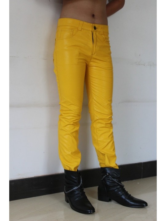Mens Slim Singer Costumes Yellow Leather Boots Trousers Pants