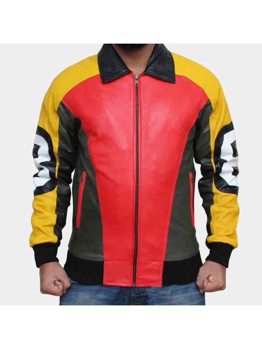 Mens Sporty Design Style Leather Bomber Jacket