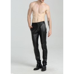 Mens Spring Casual Slim Fit Black Leather Long Pants 