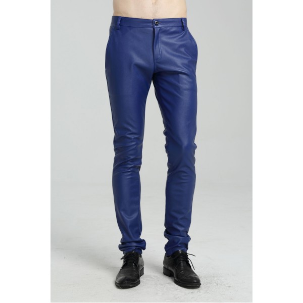 Mens Spring Casual Slim Fit Blue Leather Long Trouser Pants