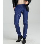 Mens Spring Casual Slim Fit Blue Leather Long Trouser Pants