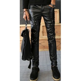Mens Straight Style Singer Rivets Black Leather Pants