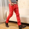 Mens Straight Style Singer Rivets Red Leather Pants 
