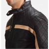 Mens Striped Quilted Black Genuine Leather Bomber Jacket