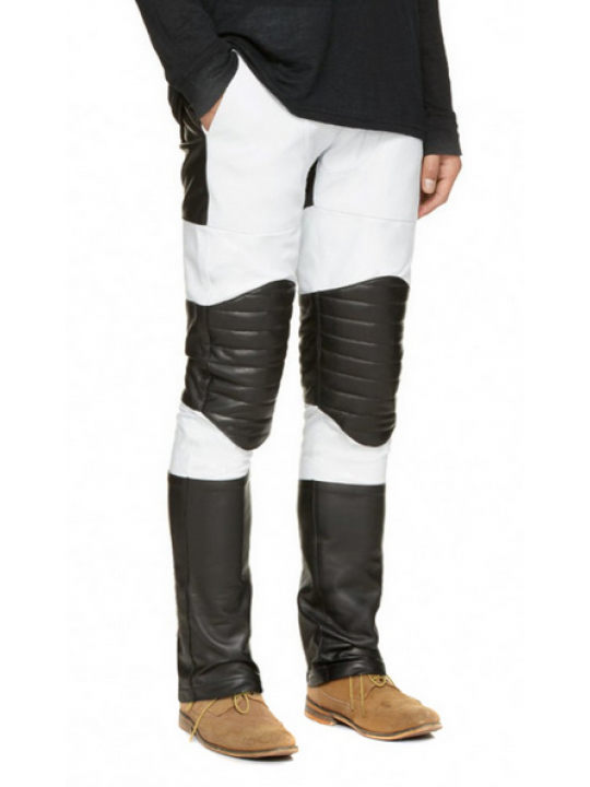 Mens Stylish Quilted Knee Panels Color Block leather Pants