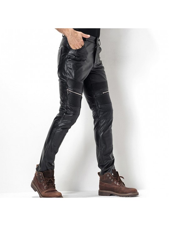Mens Tight Gothic Black Leather Motorcycle Biker Pencil Pants