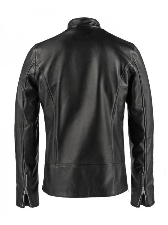 Mens Vintage Fashion Stand Collar Black Leather Jacket