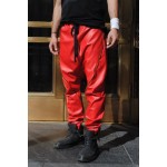 Mens Zipper Seam Detail Red Leather Drop Crotch Harem Joggers Pants