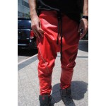 Mens Zipper Seam Detail Red Leather Drop Crotch Harem Joggers Pants