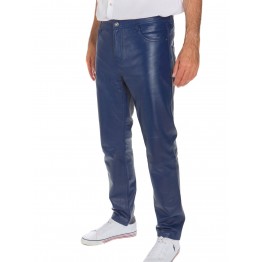 Mens Casual Semi Fitted Style Blue Leather Pants 