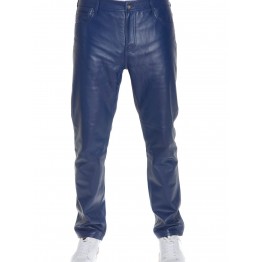 Mens Casual Semi Fitted Style Blue Leather Pants 