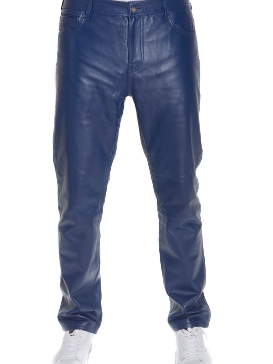 Mens Casual Semi Fitted Style Blue Leather Pants