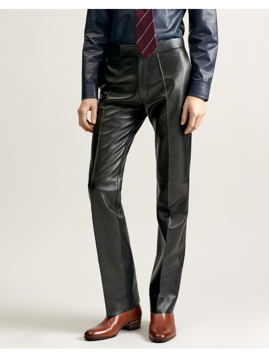 Minimal Finish Soft Black Leather Bootcut Trousers Pants for Guys