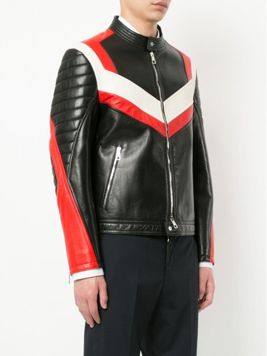 Panelled Colour Block Design Long Sleeves Leather Biker Jacket for Men