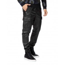 Regular Fit Black Leather Cargo Pants for Men
