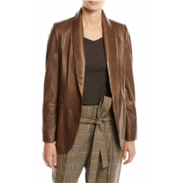 Relaxed Fit Shawl Collar Brown Leather Blazer for Women