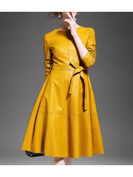 Round Neck Long Sleeve Yellow Leather Dress for Ladies