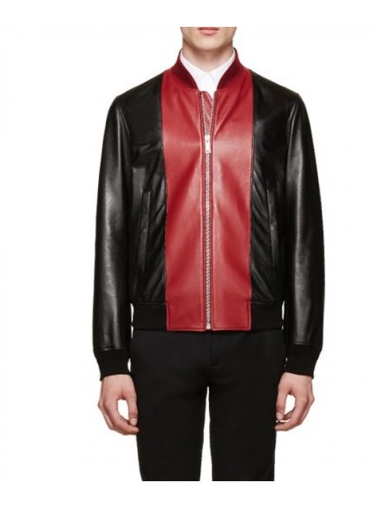Simple Black and Red Leather Bomber Jacket for Men