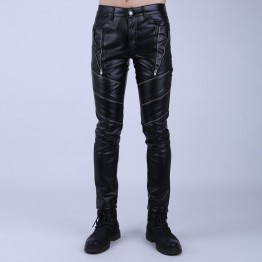 Skinny Slim Fit Black Leather Motorcycle Biker Pants for Guys