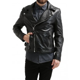 Mens Slim Fit Classic Real Leather Black Motorbike Biker Jacket Shoulder Padding 