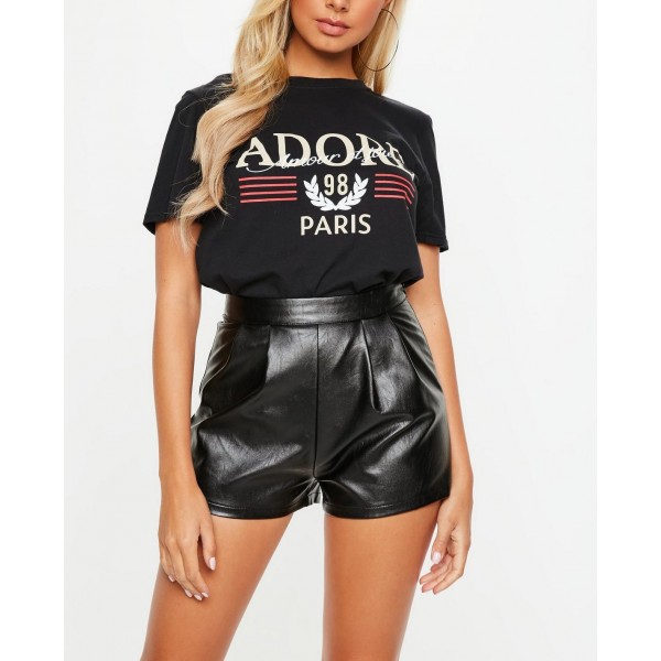 High Waisted Pleated Detailing Real Black Leather Shorts for Women