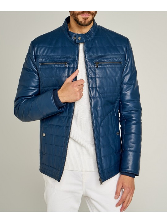Trendy Mens Striped Stitches Blue Leather Casual Jacket