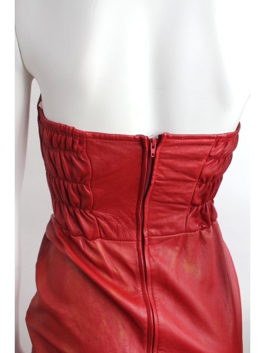 Vintage Red Genuine Leather Party Dress for Women