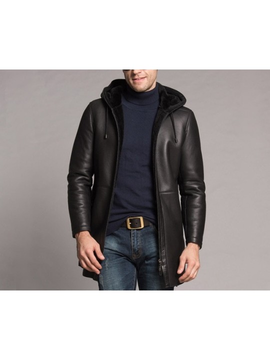 Winter Luxury Genuine Black Leather Fur Coat For Men