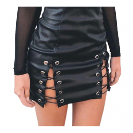 Women Lace Up High Waist Black Leather Short Skirt