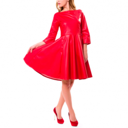 Women Neck Fit Flare Bud Red Leather Mini Casual Dress