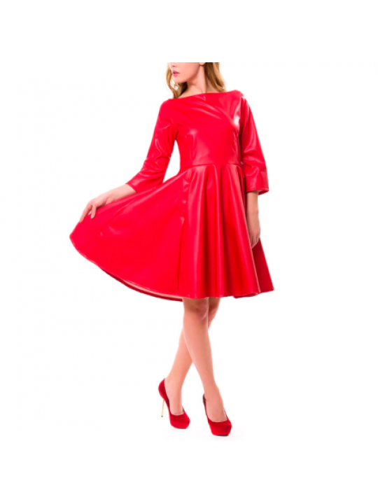 Women Neck Fit Flare Bud Red Leather Mini Casual Dress