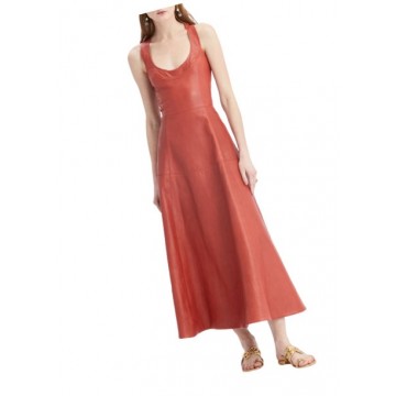 Womens Bold A-line Sleeveless Genuine Red Leather Long Dress