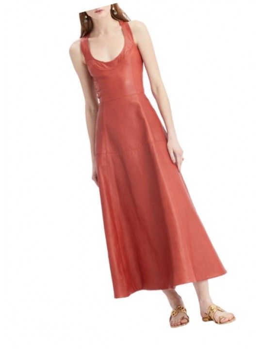 Womens Bold A-line Sleeveless Genuine Red Leather Long Dress
