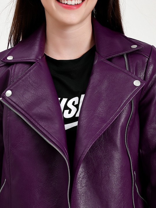 Womens Classic Notched Collar Long Sleeve Purple Leather Biker Jacket