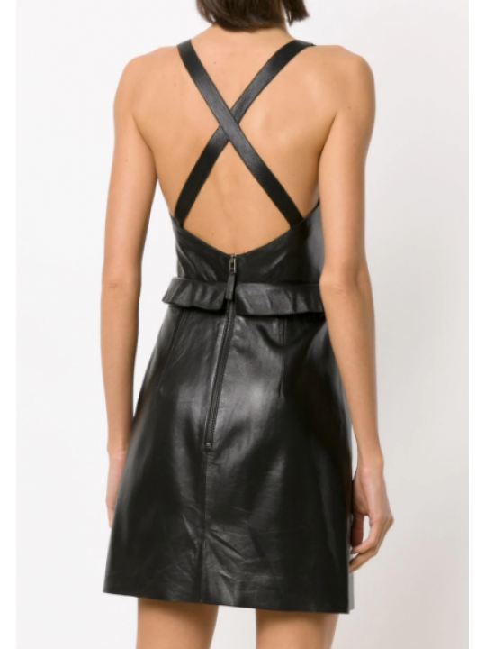 Womens Cut Out Detail Short Length Black Leather Dress