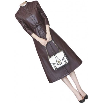 Womens Cute Fashion Real Lambskin Brown Long Leather Trench Coat