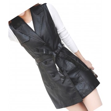 Womens Double Breasted Sleeveless Real Lambskin Black Long Leather Trench Coat