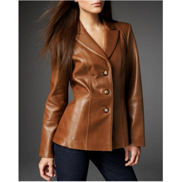 Womens Fashion Three Button Premium Brown Leather Blazer