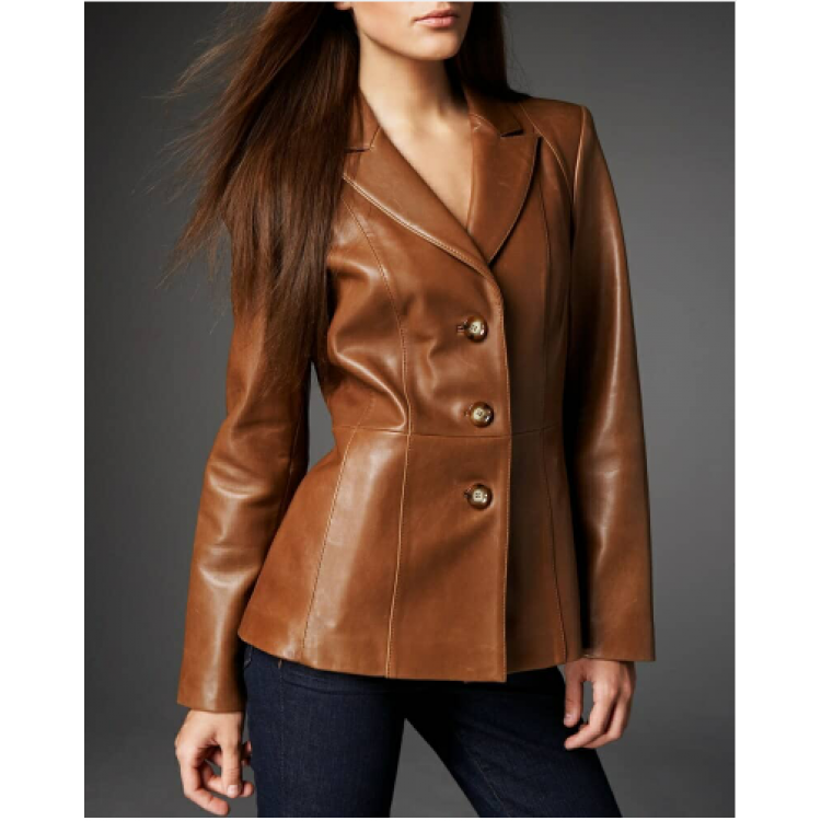 Three Button Clouser Blazer-GD17 Women's Genuine Lambskin Leather Jacket