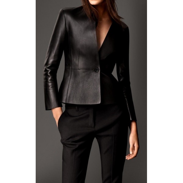 Womens Formal Slim Fit Genuine Black Leather Blazer Jacket