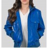 Womens Four Pockets Genuine Blue Leather Bomber Jacket