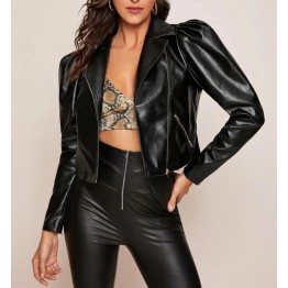 Womens Glamorous Sleeve Zip Front Genuine Black Leather Jacket