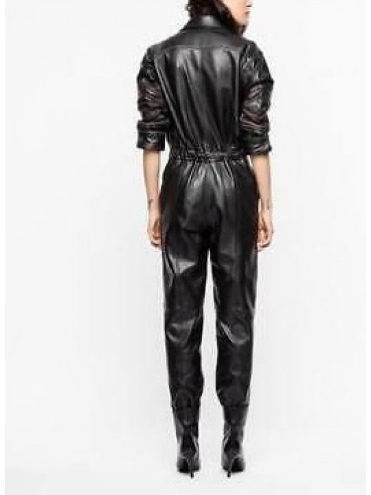 Womens Halloween Fashion Genuine Black Leather Catsuit Jumpsuit