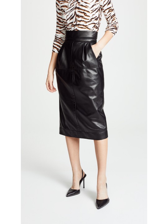 Womens High Waisted Pure Black Leather Midi Length Skirt